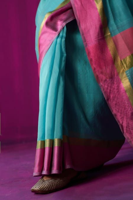 Shop_Five Point Five_Blue Maheshwari Embroidery Indira Striped Pallu Saree With Running Blouse Piece _Online_at_Aza_Fashions