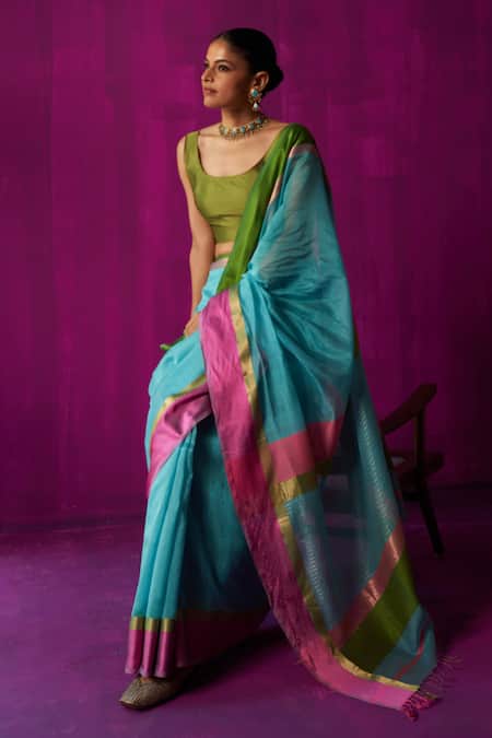 Five Point Five_Blue Maheshwari Embroidery Indira Striped Pallu Saree With Running Blouse Piece _at_Aza_Fashions
