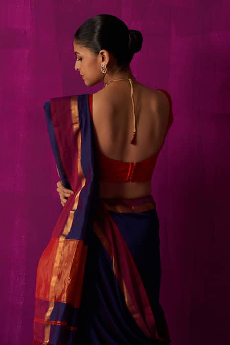 Five Point Five Blue Maheshwari Uma Color Blocked Pallu Saree With Running Blouse Piece Online at Aza Fashions Five Point Five_Blue Maheshwari Uma Color Blocked Pallu Saree With Running Blouse Piece _Online_at_Aza_Fashions