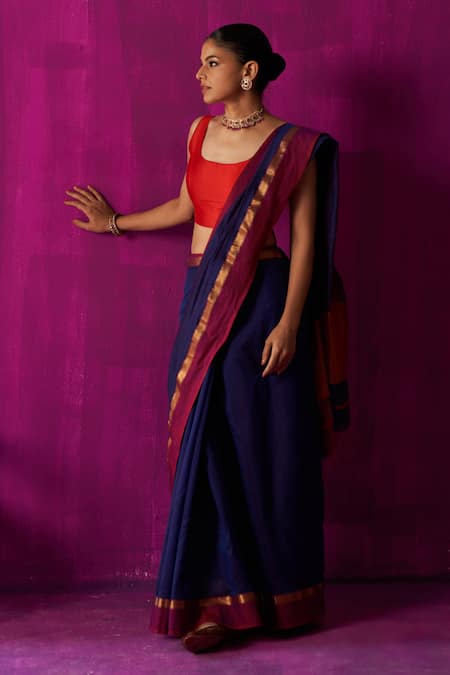 Buy Five Point Five Blue Maheshwari Uma Color Blocked Pallu Saree With Running Blouse Piece Online at Aza Fashions Buy_Five Point Five_Blue Maheshwari Uma Color Blocked Pallu Saree With Running Blouse Piece _Online_at_Aza_Fashions