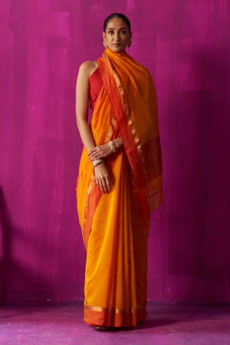 FIVE POINT FIVE Orange Maheshwari Woven Uma Contrast Border Saree With Running Blouse Piece 