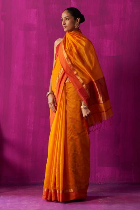 Shop_Five Point Five_Orange Maheshwari Uma Contrast Border Saree With Running Blouse Piece _Online_at_Aza_Fashions
