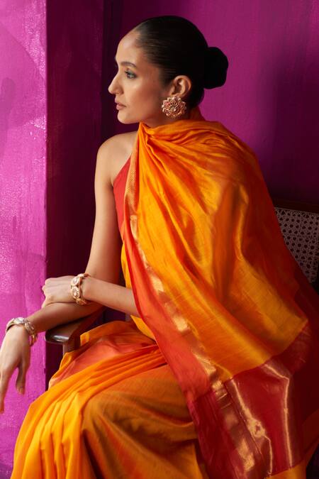 Buy_Five Point Five_Orange Maheshwari Uma Contrast Border Saree With Running Blouse Piece 