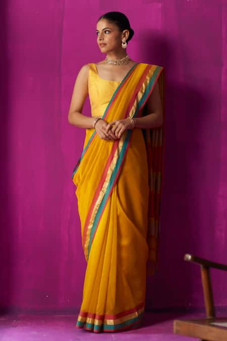 FIVE POINT FIVE Yellow Maheshwari Chitra Color Block Detailed Saree With Running Blouse Piece 