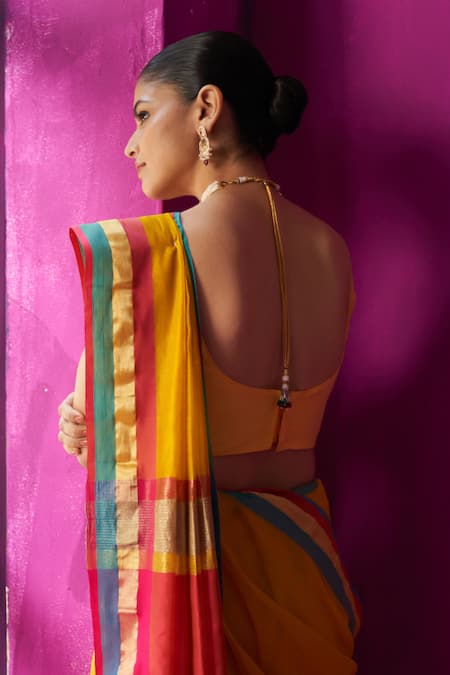 Five Point Five Chitra Color Block Detailed Saree With Running Blouse Piece 