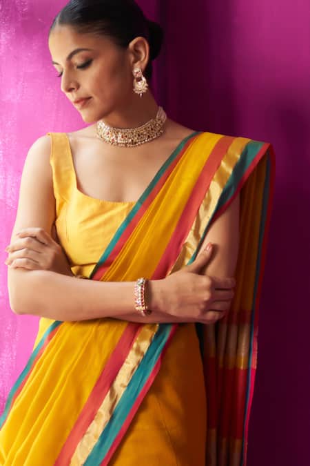Buy_Five Point Five_Yellow Maheshwari, Chitra Color Block Detailed Saree With Running Blouse Piece _Online_at_Aza_Fashions