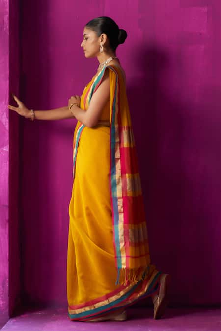 Shop_Five Point Five_Yellow Maheshwari, Chitra Color Block Detailed Saree With Running Blouse Piece _Online_at_Aza_Fashions