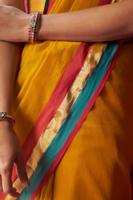 Five Point Five_Yellow Maheshwari, Chitra Color Block Detailed Saree With Running Blouse Piece _at_Aza_Fashions