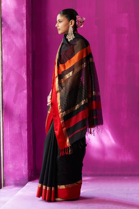 Five Point Five Black Maheshwari Embroidery Mohini Resham Hem Saree With Running Blouse Piece Online at Aza Fashions Five Point Five_Black Maheshwari Embroidery Mohini Resham Hem Saree With Running Blouse Piece _Online_at_Aza_Fashions