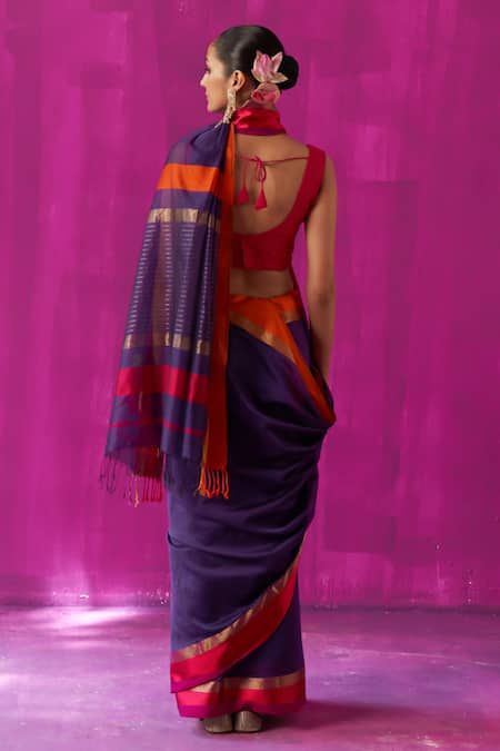Shop Five Point Five Purple Maheshwari Embroidery Mohini Stripe Pallu Saree With Running Blouse Piece at Aza Fashions Shop_Five Point Five_Purple Maheshwari Embroidery Mohini Stripe Pallu Saree With Running Blouse Piece _at_Aza_Fashions