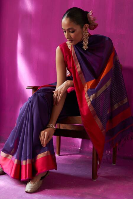 Buy Five Point Five Purple Maheshwari Embroidery Mohini Stripe Pallu Saree With Running Blouse Piece Online at Aza Fashions Buy_Five Point Five_Purple Maheshwari Embroidery Mohini Stripe Pallu Saree With Running Blouse Piece _Online_at_Aza_Fashions