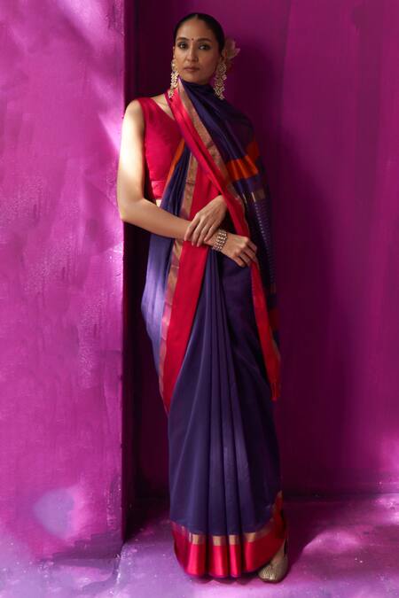 Shop Five Point Five Purple Maheshwari Embroidery Mohini Stripe Pallu Saree With Running Blouse Piece Online at Aza Fashions Shop_Five Point Five_Purple Maheshwari Embroidery Mohini Stripe Pallu Saree With Running Blouse Piece _Online_at_Aza_Fashions