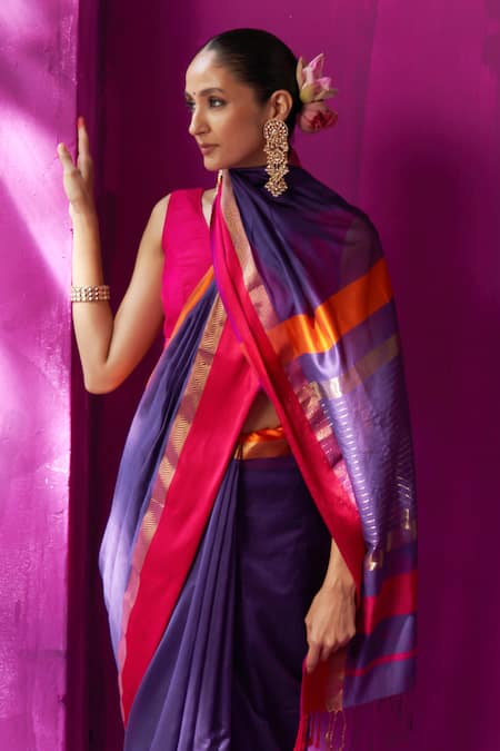Five Point Five Purple Maheshwari Embroidery Mohini Stripe Pallu Saree With Running Blouse Piece at Aza Fashions Five Point Five_Purple Maheshwari Embroidery Mohini Stripe Pallu Saree With Running Blouse Piece _at_Aza_Fashions