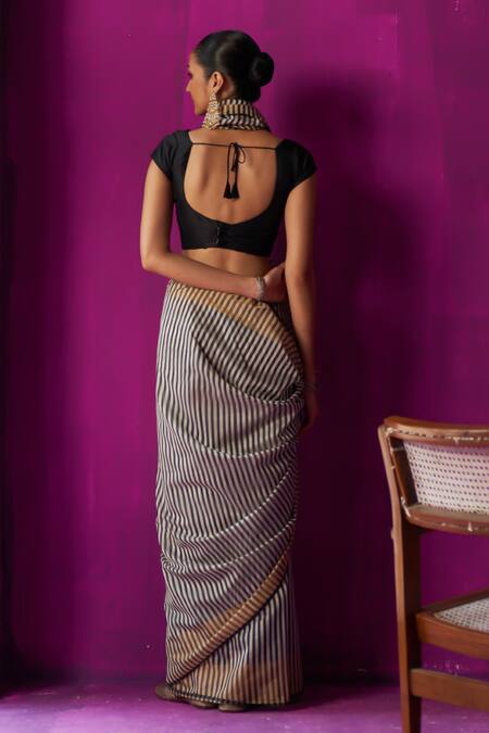 Shop Five Point Five Black Maheshwari Roma Stripe Detailed Saree With Running Blouse Piece at Aza Fashions Shop_Five Point Five_Black Maheshwari Roma Stripe Detailed Saree With Running Blouse Piece_at_Aza_Fashions