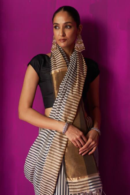 Five Point Five Black Maheshwari Roma Stripe Detailed Saree With Running Blouse Piece Online at Aza Fashions Five Point Five_Black Maheshwari Roma Stripe Detailed Saree With Running Blouse Piece_Online_at_Aza_Fashions