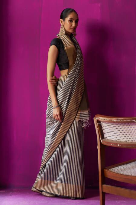 Buy Five Point Five Black Maheshwari Roma Stripe Detailed Saree With Running Blouse Piece Online at Aza Fashions Buy_Five Point Five_Black Maheshwari Roma Stripe Detailed Saree With Running Blouse Piece_Online_at_Aza_Fashions