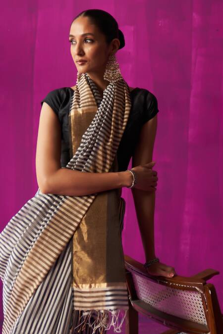 Five Point Five Black Maheshwari Roma Stripe Detailed Saree With Running Blouse Piece at Aza Fashions Five Point Five_Black Maheshwari Roma Stripe Detailed Saree With Running Blouse Piece_at_Aza_Fashions