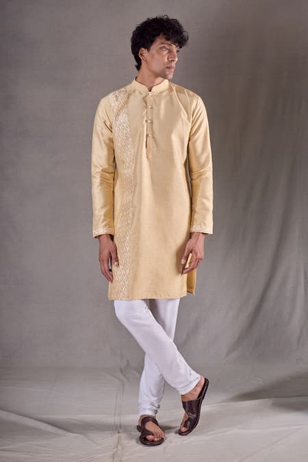 Aryavir Malhotra Gold Silk Blend Patchwork Paisley Kurta With Churidar 