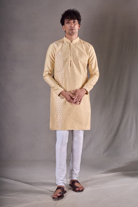 Shop Arihant Rai Sinha Gold Silk Embroidery Paisley Patchwork Kurta With Churidar Online at Aza Fashions Shop_Arihant Rai Sinha_Gold Silk Embroidery Paisley Patchwork Kurta With Churidar _Online_at_Aza_Fashions