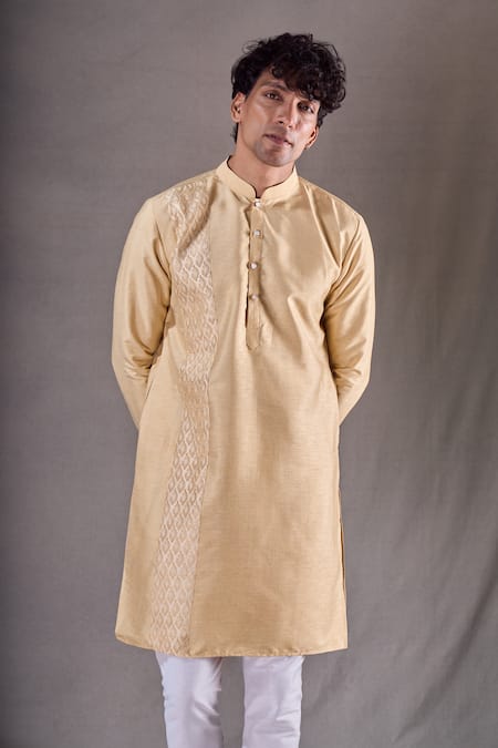 Arihant Rai Sinha Gold Silk Embroidery Paisley Patchwork Kurta With Churidar at Aza Fashions Arihant Rai Sinha_Gold Silk Embroidery Paisley Patchwork Kurta With Churidar _at_Aza_Fashions