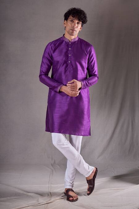 Shop_Arihant Rai Sinha_Purple Silk Embroidery Collar Kurta Set _Online_at_Aza_Fashions