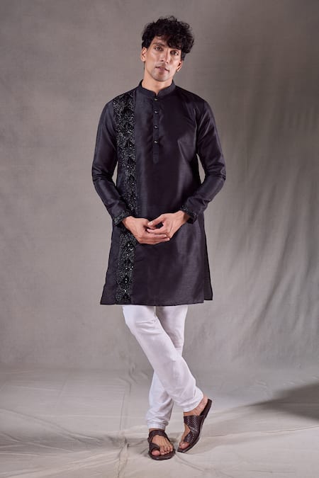 Aryavir Malhotra Black Kurta Silk Blend Embroidery Zardozi Diamond Placement Set 