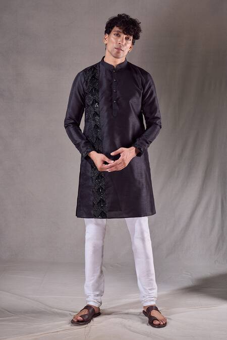 Shop_Arihant Rai Sinha_Black , Satin, Chanderi Diamond Placement Embroidered Kurta Set _Online_at_Aza_Fashions