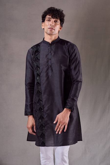 Arihant Rai Sinha_Black , Satin, Chanderi Diamond Placement Embroidered Kurta Set _at_Aza_Fashions