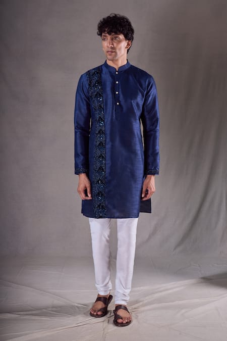 Buy_Arihant Rai Sinha_Blue , Satin, Chanderi Cut Cutdana Placement Embroidered Kurta Set _Online_at_Aza_Fashions