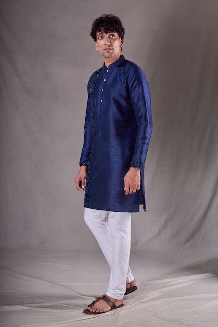 Shop_Arihant Rai Sinha_Blue , Satin, Chanderi Cut Cutdana Placement Embroidered Kurta Set _Online_at_Aza_Fashions