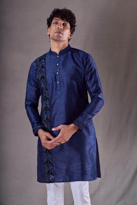 Arihant Rai Sinha_Blue , Satin, Chanderi Cut Cutdana Placement Embroidered Kurta Set _at_Aza_Fashions
