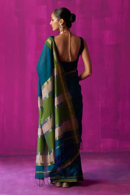 Shop Five Point Five Blue Maheshwari Chitra Color Block Pallu Saree With Running Blouse Piece at Aza Fashions Shop_Five Point Five_Blue Maheshwari Chitra Color Block Pallu Saree With Running Blouse Piece _at_Aza_Fashions