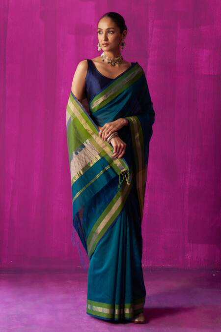 Buy Five Point Five Blue Maheshwari Chitra Color Block Pallu Saree With Running Blouse Piece Online at Aza Fashions Buy_Five Point Five_Blue Maheshwari Chitra Color Block Pallu Saree With Running Blouse Piece _Online_at_Aza_Fashions