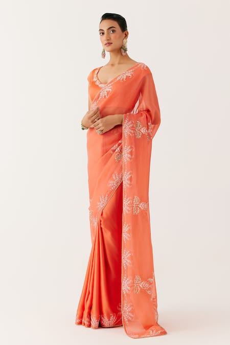 Devnaagri_Orange Organza, Satin Cut Work, Sequins, Floral Saree With Blouse _Online_at_Aza_Fashions
