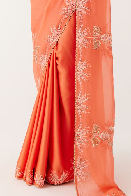 Buy_Devnaagri_Orange Organza, Satin Cut Work, Sequins, Floral Saree With Blouse _Online_at_Aza_Fashions