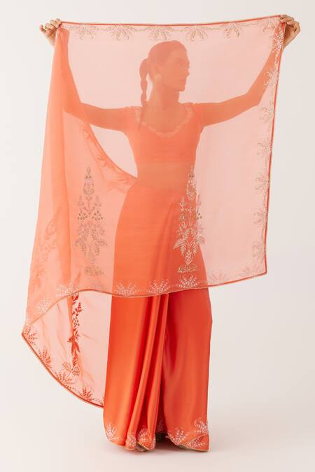 Shop_Devnaagri_Orange Organza, Satin Cut Work, Sequins, Floral Saree With Blouse _Online_at_Aza_Fashions