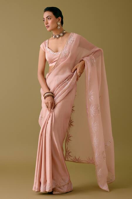 Devnaagri_Pink Organza, Satin Sequins, Floral Border Saree With Blouse _Online_at_Aza_Fashions