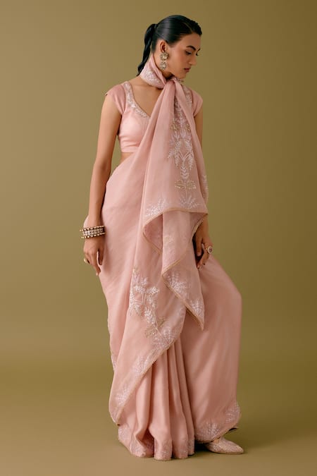 Buy_Devnaagri_Pink Organza, Satin Sequins, Floral Border Saree With Blouse _Online_at_Aza_Fashions