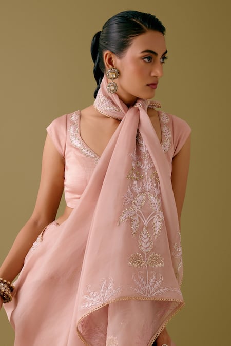 Shop_Devnaagri_Pink Organza, Satin Sequins, Floral Border Saree With Blouse _Online_at_Aza_Fashions