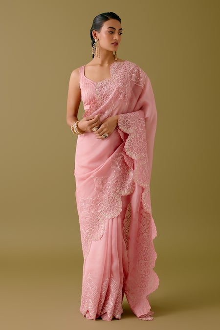 Devnaagri Pink Satin, Organza Sequins, Scallop Border Saree With Blouse Online at Aza Fashions Devnaagri_Pink Satin, Organza Sequins, Scallop Border Saree With Blouse _Online_at_Aza_Fashions