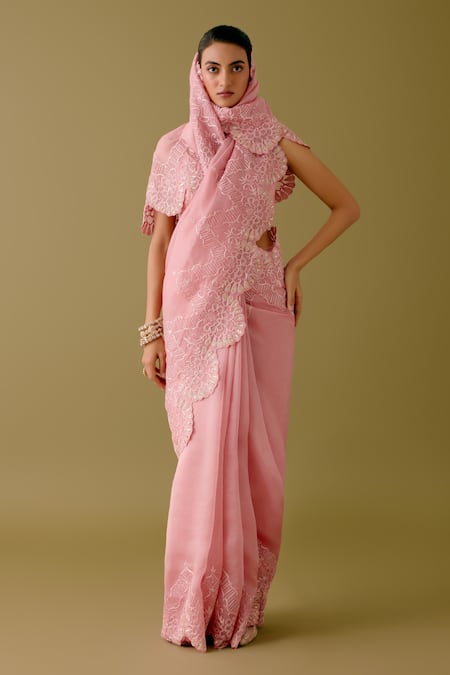 Shop Devnaagri Pink Satin, Organza Sequins, Scallop Border Saree With Blouse Online at Aza Fashions Shop_Devnaagri_Pink Satin, Organza Sequins, Scallop Border Saree With Blouse _Online_at_Aza_Fashions