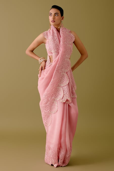 Devnaagri Pink Satin, Organza Sequins, Scallop Border Saree With Blouse at Aza Fashions Devnaagri_Pink Satin, Organza Sequins, Scallop Border Saree With Blouse _at_Aza_Fashions