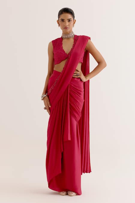 Devnaagri Pre-Draped Saree With Embroidered Blouse 