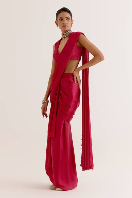 Devnaagri_Fuchsia Silk Satin Embroidery Asymmetric Pre-draped Saree With Blouse _Online_at_Aza_Fashions