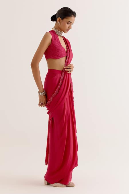 Buy_Devnaagri_Fuchsia Silk Satin Embroidery Asymmetric Pre-draped Saree With Blouse _Online_at_Aza_Fashions