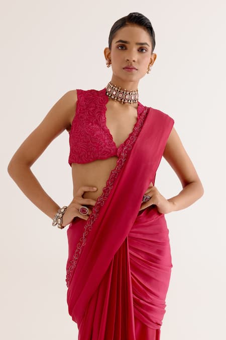 Shop_Devnaagri_Fuchsia Silk Satin Embroidery Asymmetric Pre-draped Saree With Blouse _Online_at_Aza_Fashions