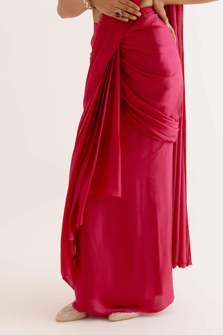 Devnaagri_Fuchsia Silk Satin Embroidery Asymmetric Pre-draped Saree With Blouse _at_Aza_Fashions