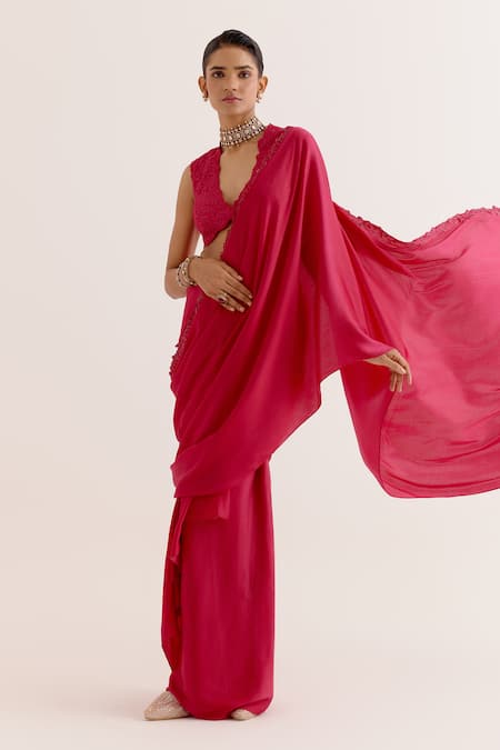 Buy_Devnaagri_Fuchsia Silk Satin Embroidery Asymmetric Pre-draped Saree With Blouse 