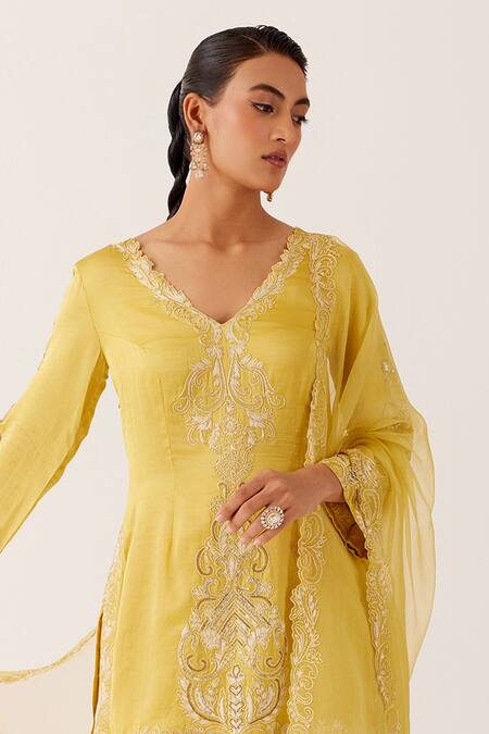 Devnaagri_Yellow Organza, Satin Embroidery, Sequins, Dori Kurta Sharara Set _Online_at_Aza_Fashions