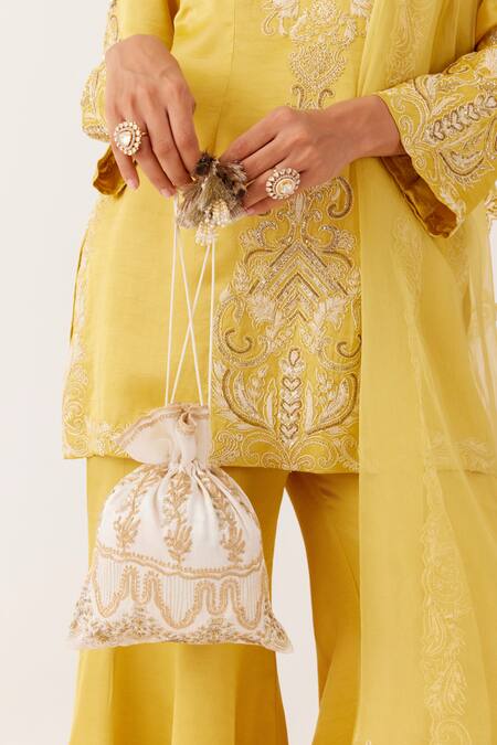 Buy_Devnaagri_Yellow Organza, Satin Embroidery, Sequins, Dori Kurta Sharara Set _Online_at_Aza_Fashions